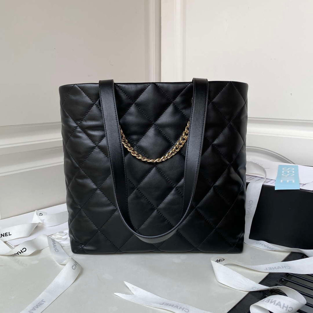 Chanel AS4359 Shopping Bag Shiny Lambskin Gold Metal Black