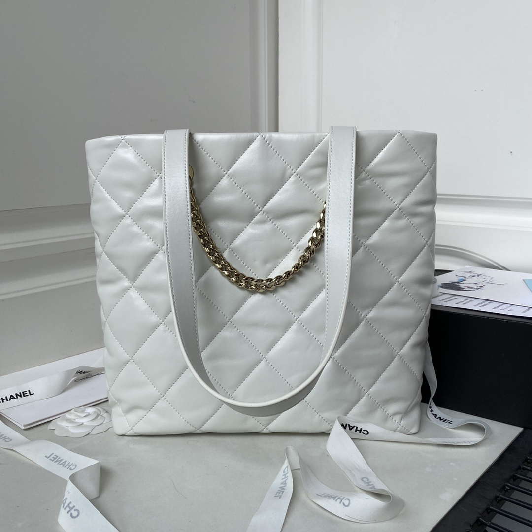 Chanel AS4359 Shopping Bag Shiny Lambskin Gold Metal White