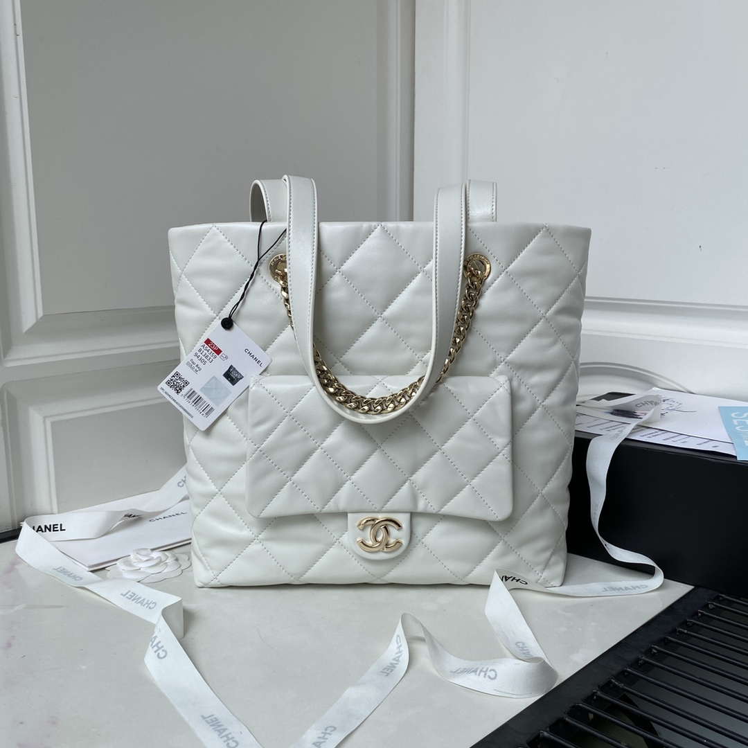 Chanel AS4359 Shopping Bag Shiny Lambskin Gold Metal White - Default Title - View 1