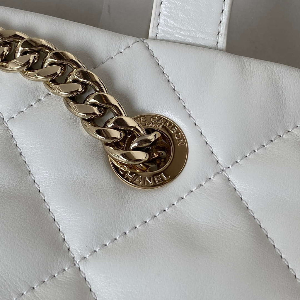 Chanel AS4359 Shopping Bag Shiny Lambskin Gold Metal White