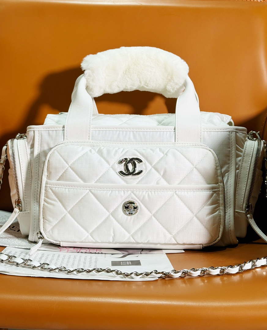 Chanel AS4364 Large Bowling Bag Nylon & Silver-Tone Metal White - Default Title - View 9