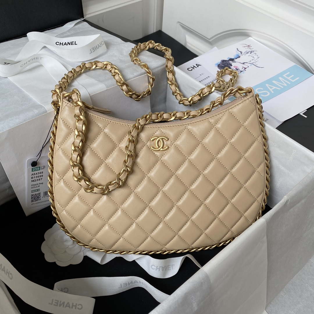 Chanel AS4368 Large HOBO Bag Shiny Crumpled Lambskin & Gold-Tone Metal Apricot - Default Title - View 1