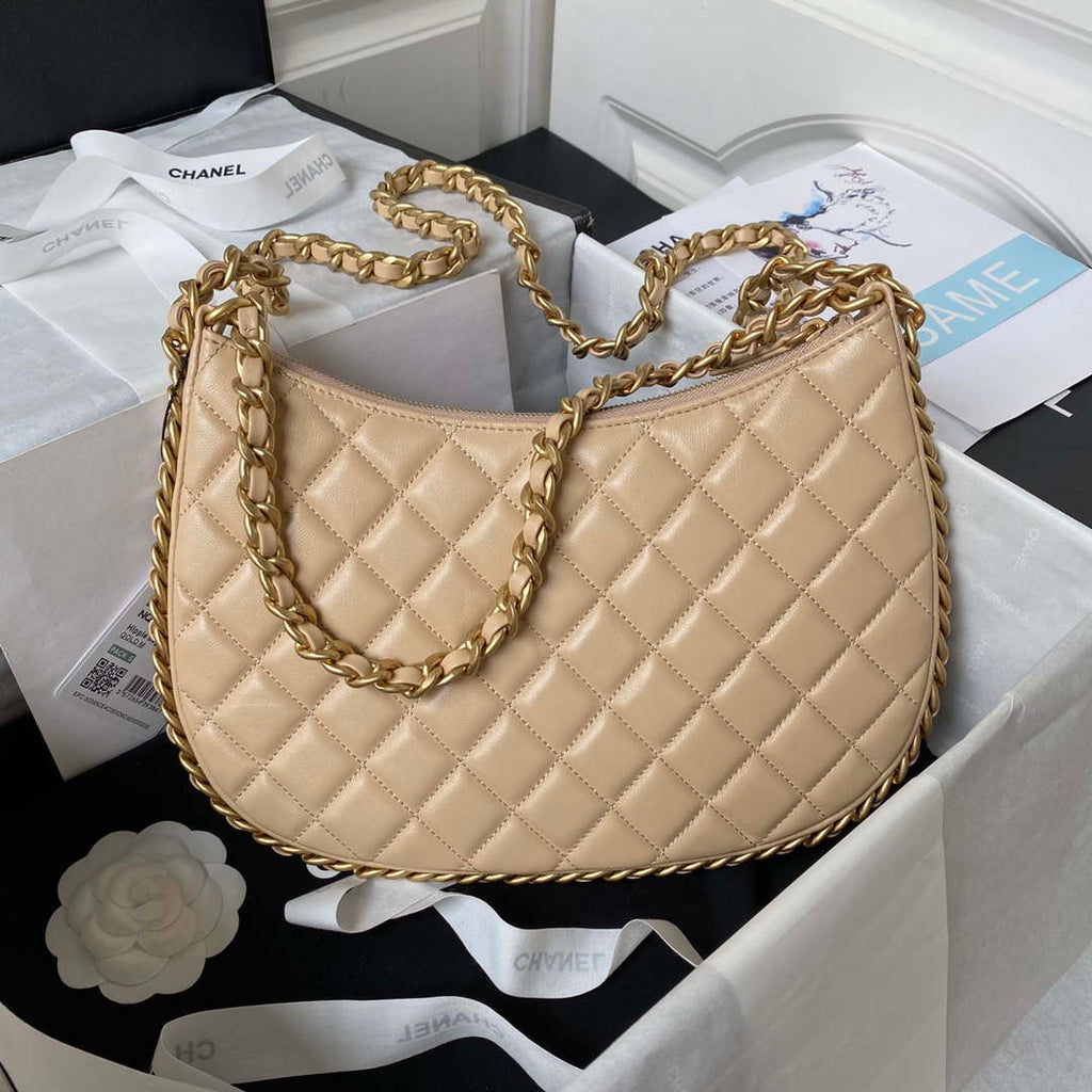 Chanel AS4368 Large HOBO Bag Shiny Crumpled Lambskin & Gold-Tone Metal Apricot