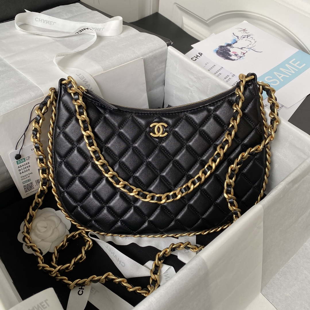 Chanel AS4368 Large HOBO Bag Shiny Crumpled Lambskin & Gold-Tone Metal Black - Default Title - View 1