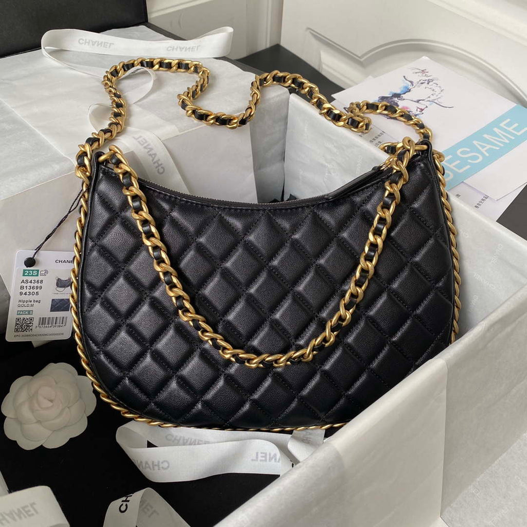 Chanel AS4368 Large HOBO Bag Shiny Crumpled Lambskin & Gold-Tone Metal Black