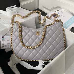 Chanel AS4368 Large HOBO Bag Shiny Crumpled Lambskin & Gold-Tone Metal Gray - Default Title - View 1