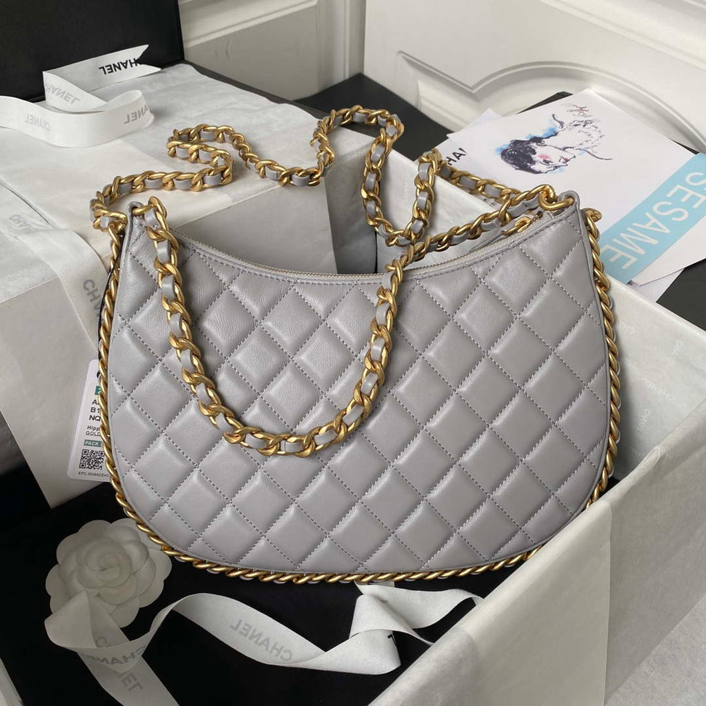 Chanel AS4368 Large HOBO Bag Shiny Crumpled Lambskin & Gold-Tone Metal Gray