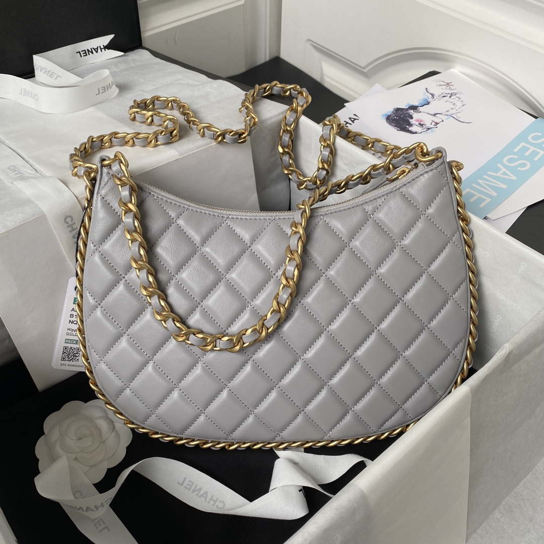 Chanel AS4368 Large HOBO Bag Shiny Crumpled Lambskin & Gold-Tone Metal Gray - Default Title - View 2