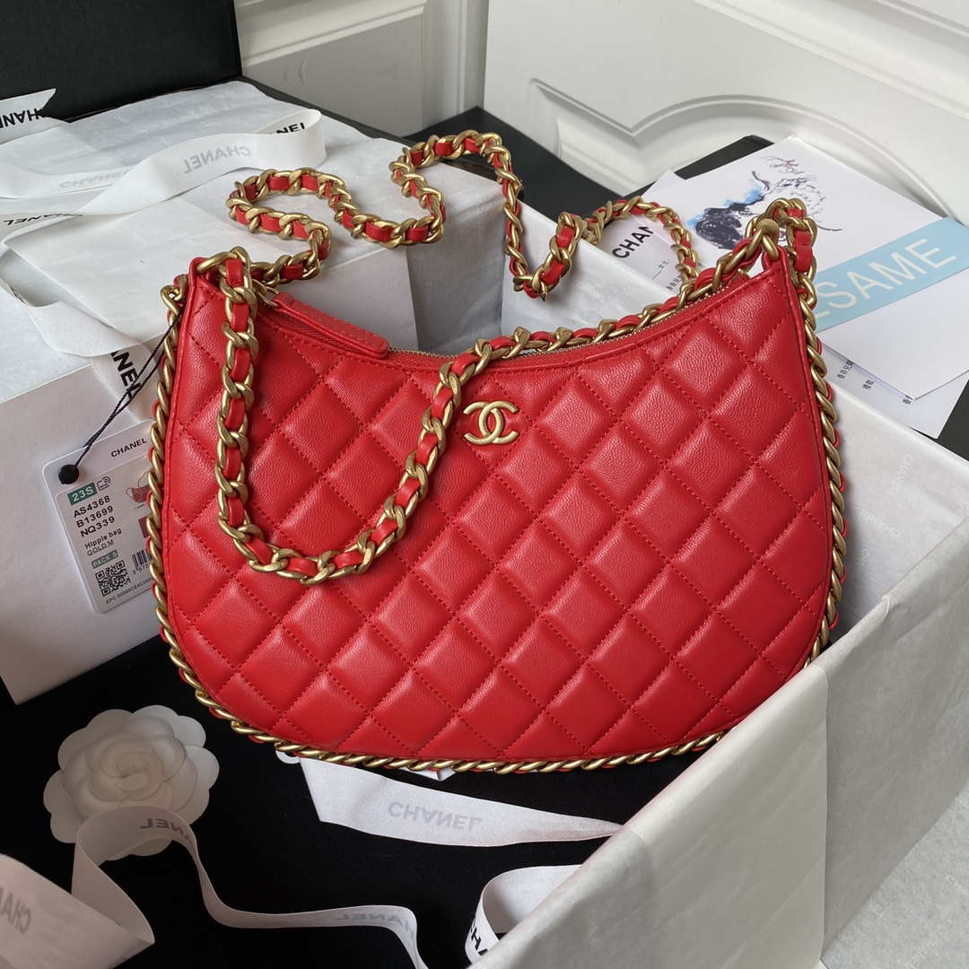 Chanel AS4368 Large HOBO Bag Shiny Crumpled Lambskin & Gold-Tone Metal Red - Default Title - View 1