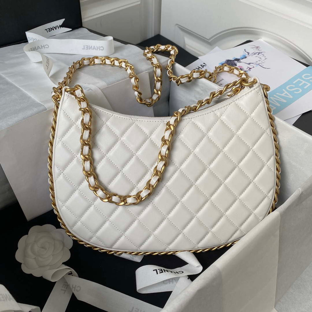 Chanel AS4368 Large HOBO Bag Shiny Crumpled Lambskin & Gold-Tone Metal White