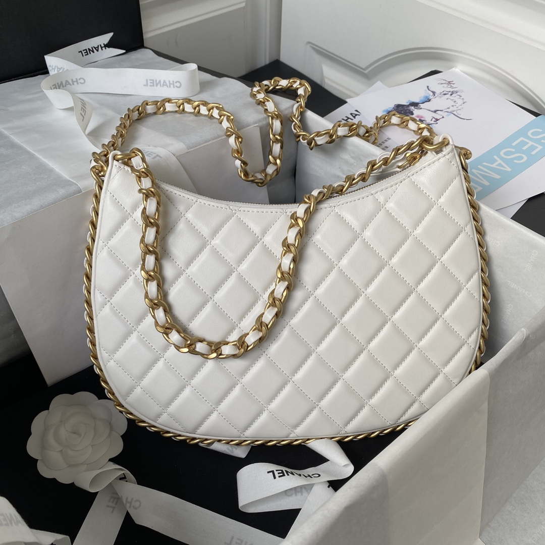 Chanel AS4368 Large HOBO Bag Shiny Crumpled Lambskin & Gold-Tone Metal White - Default Title - View 2