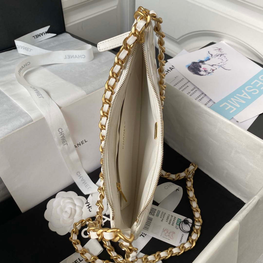 Chanel AS4368 Large HOBO Bag Shiny Crumpled Lambskin & Gold-Tone Metal White