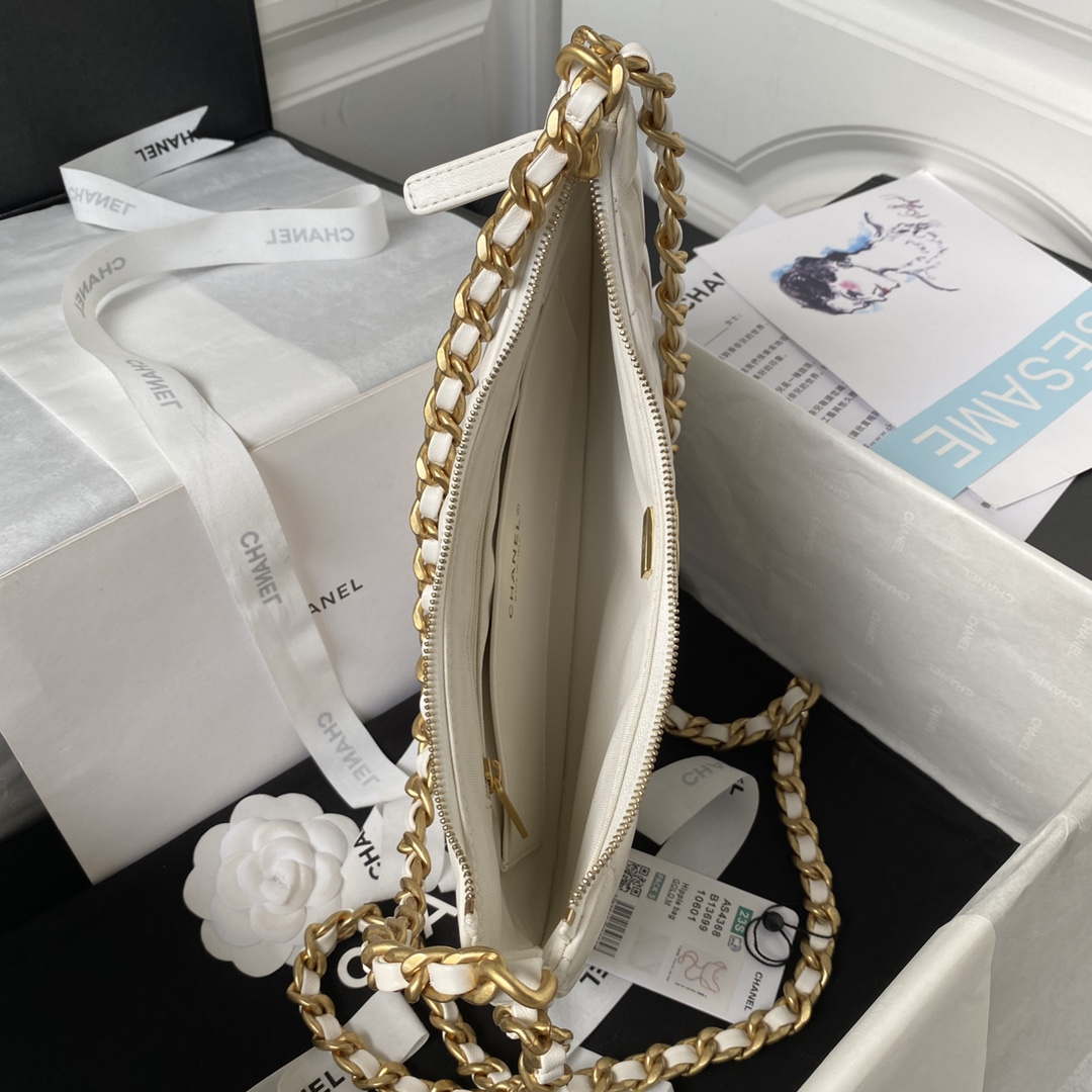 Chanel AS4368 Large HOBO Bag Shiny Crumpled Lambskin & Gold-Tone Metal White