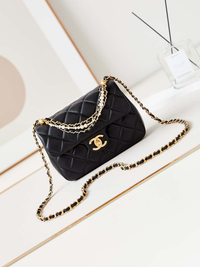 Chanel AS4384 Mini Flap Bag Pearly Lambskin  Imitation Pearls & Gold-Tone Metal Black