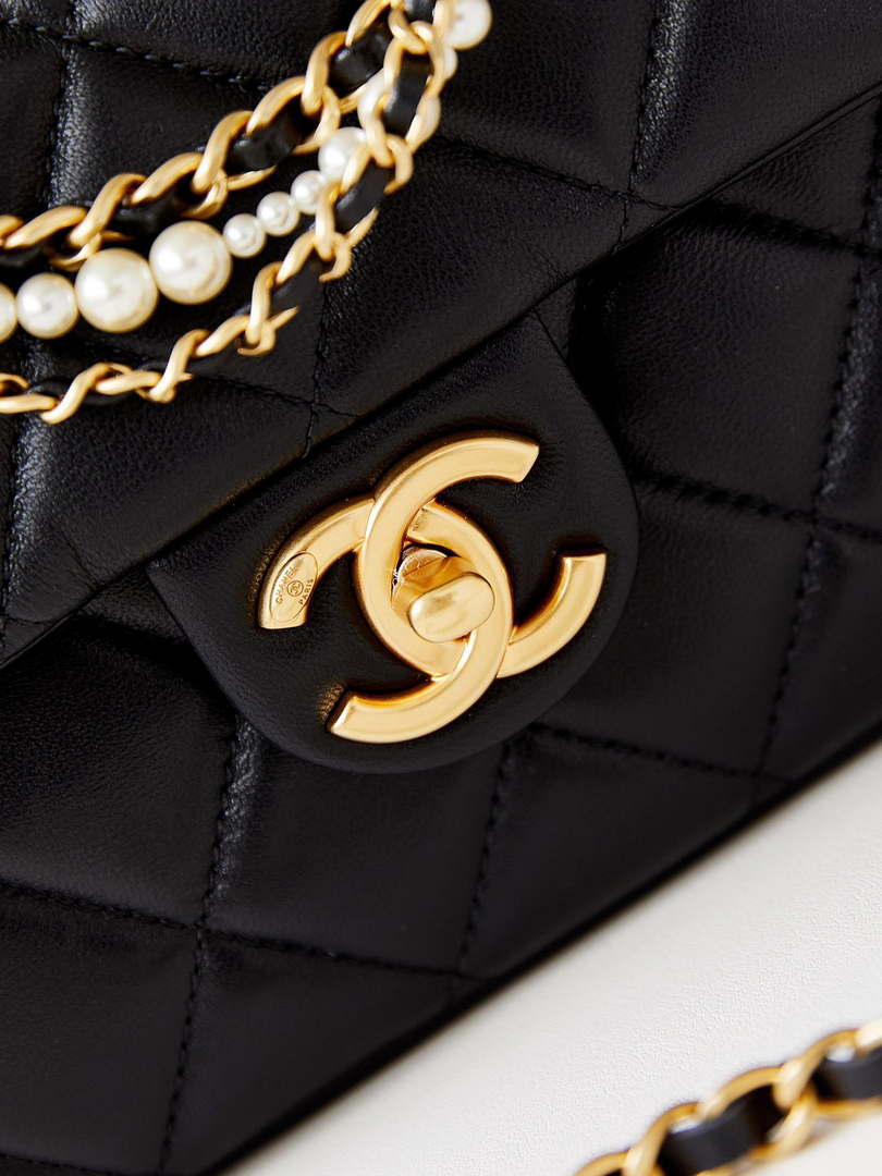 Chanel AS4384 Mini Flap Bag Pearly Lambskin  Imitation Pearls & Gold-Tone Metal Black