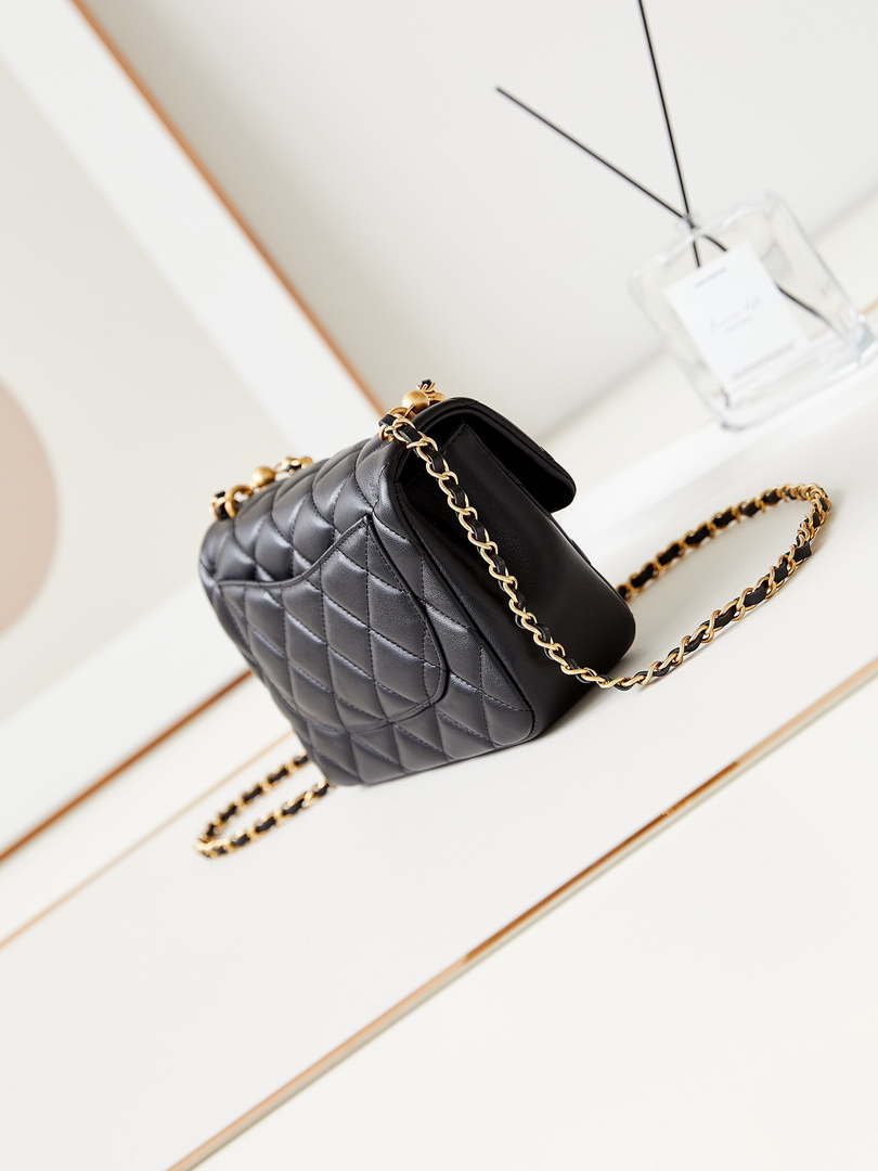 Chanel AS4384 Mini Flap Bag Pearly Lambskin  Imitation Pearls & Gold-Tone Metal Black