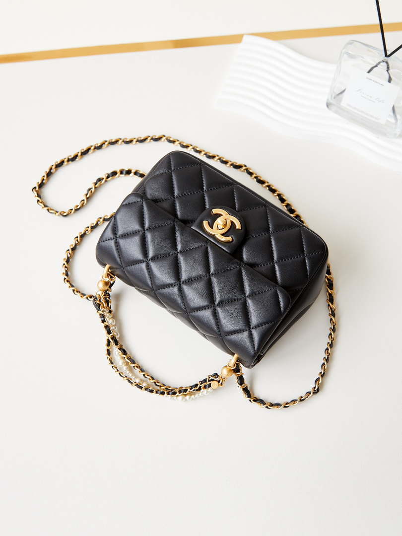 Chanel AS4384 Mini Flap Bag Pearly Lambskin  Imitation Pearls & Gold-Tone Metal Black