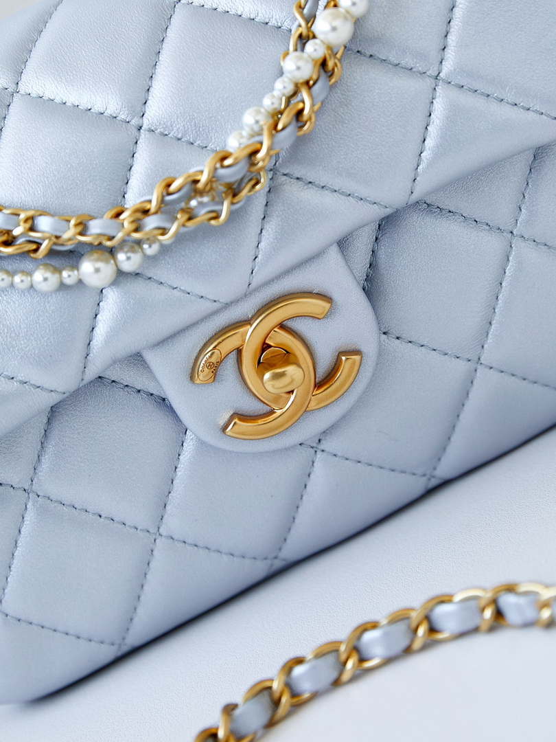 Chanel AS4384 Mini Flap Bag Pearly Lambskin Imitation Pearls & Gold-Tone Metal Blue