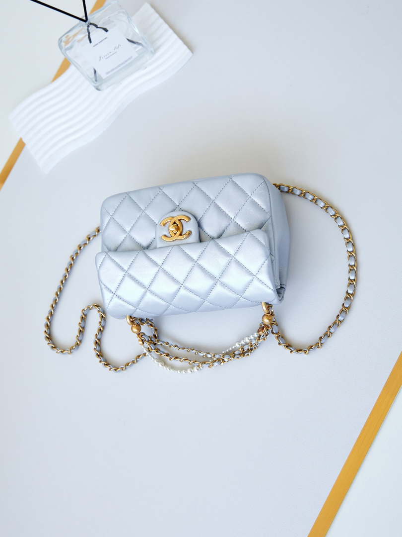 Chanel AS4384 Mini Flap Bag Pearly Lambskin Imitation Pearls & Gold-Tone Metal Blue