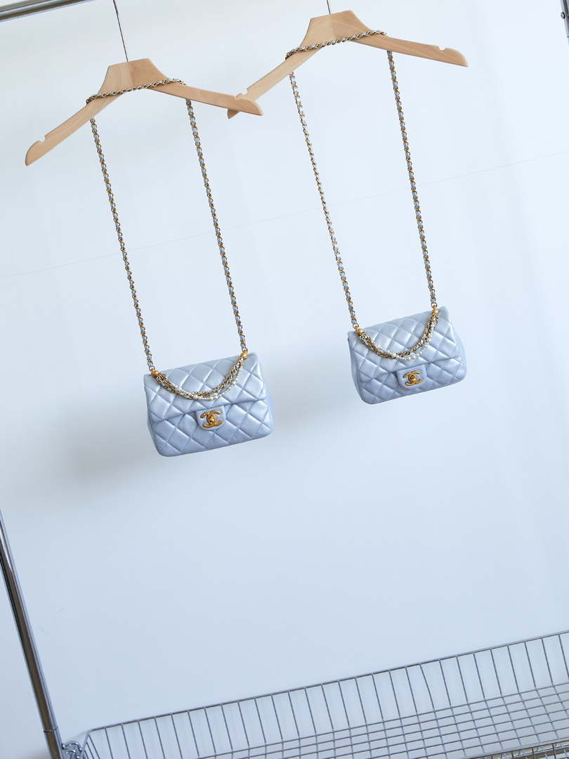 Chanel AS4384 Mini Flap Bag Pearly Lambskin Imitation Pearls & Gold-Tone Metal Blue