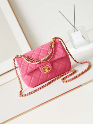 Chanel AS4384 Mini Flap Bag Pearly Lambskin Imitation Pearls & Gold-Tone Metal Hot Pink - Default Title - View 1