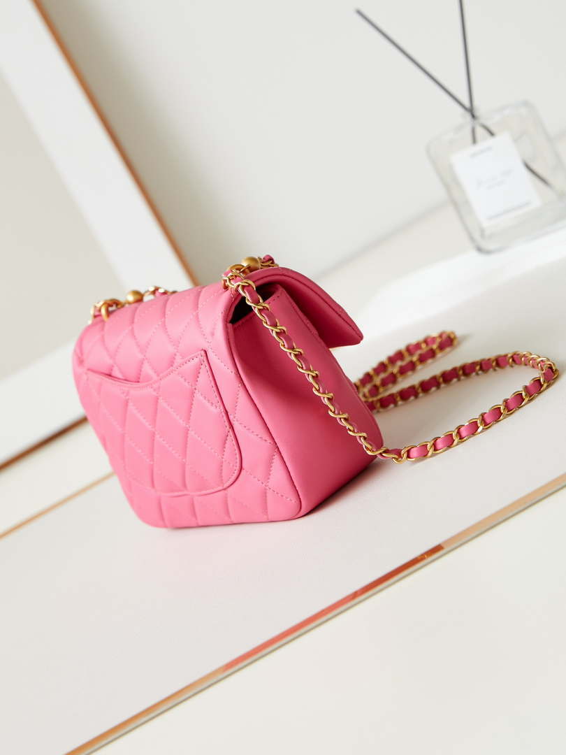 Chanel AS4384 Mini Flap Bag Pearly Lambskin Imitation Pearls & Gold-Tone Metal Hot Pink