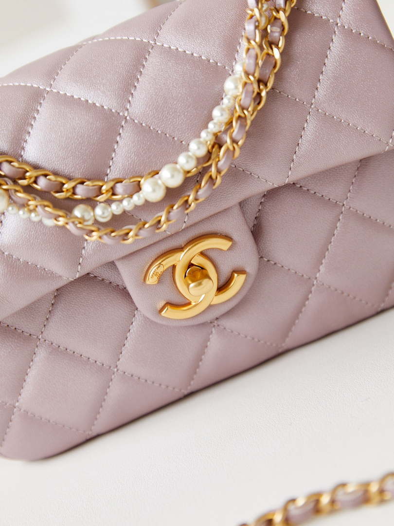 Chanel AS4384 Mini Flap Bag Pearly Lambskin Imitation Pearls & Gold-Tone Metal Pink - Default Title - View 1