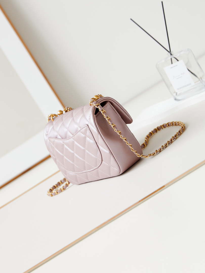 Chanel AS4384 Mini Flap Bag Pearly Lambskin Imitation Pearls & Gold-Tone Metal Pink