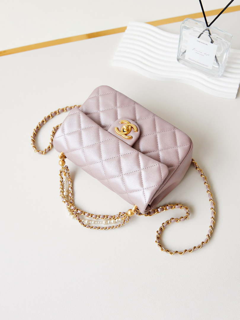 Chanel AS4384 Mini Flap Bag Pearly Lambskin Imitation Pearls & Gold-Tone Metal Pink - Default Title - View 6