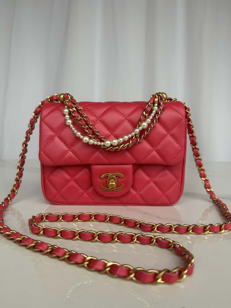 Chanel AS4384 Mini Flap Bag Pearly Lambskin Imitation Pearls & Gold-Tone Metal Red - Default Title - View 1