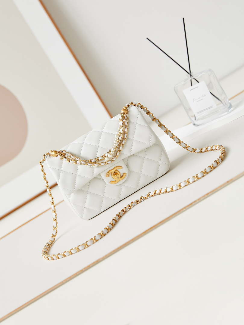 Chanel AS4384 Mini Flap Bag Pearly Lambskin Imitation Pearls & Gold-Tone Metal White