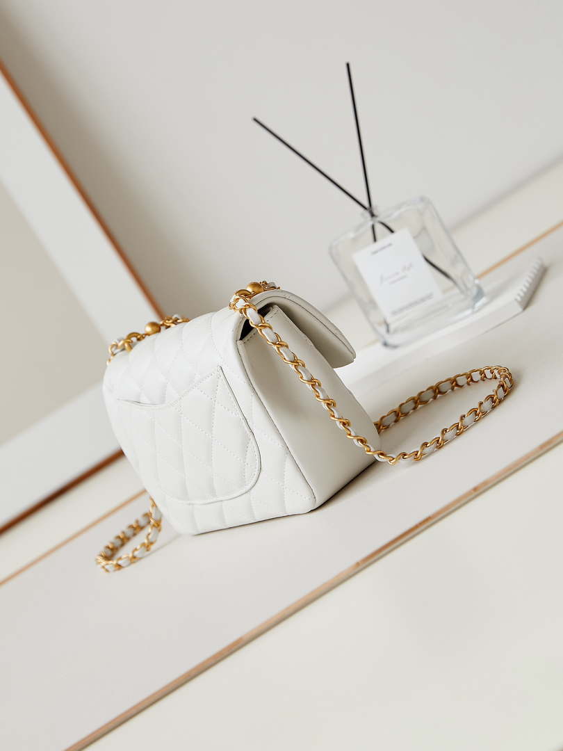 Chanel AS4384 Mini Flap Bag Pearly Lambskin Imitation Pearls & Gold-Tone Metal White