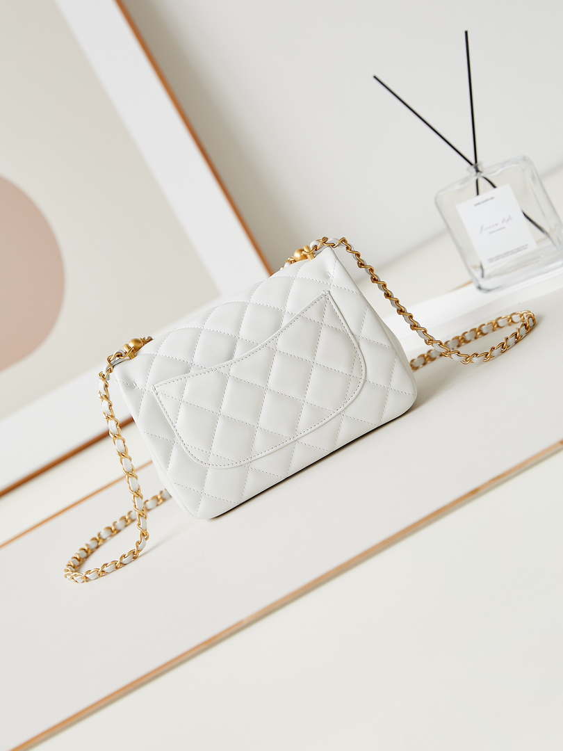 Chanel AS4384 Mini Flap Bag Pearly Lambskin Imitation Pearls & Gold-Tone Metal White
