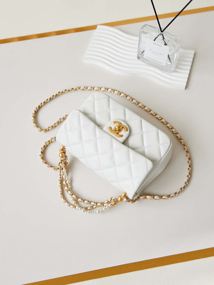 Chanel AS4384 Mini Flap Bag Pearly Lambskin Imitation Pearls & Gold-Tone Metal White - Default Title - View 7