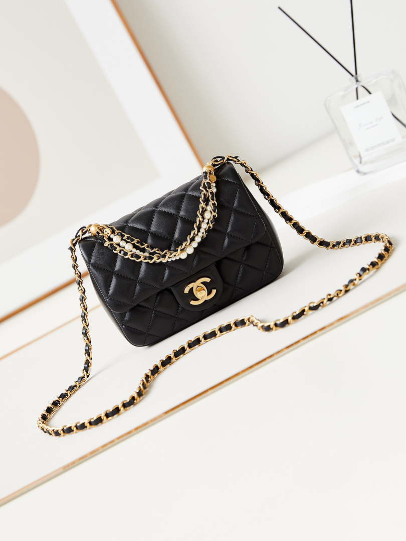 Chanel AS4385 Mini Flap Bag Pearly Lambskin Imitation Pearls & Gold-Tone Metal Black - Default Title - View 1