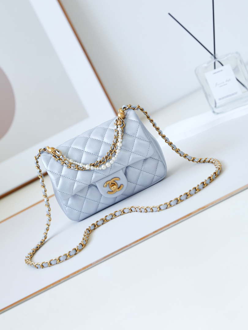 Chanel AS4385 Mini Flap Bag Pearly Lambskin Imitation Pearls & Gold-Tone Metal Blue - Default Title - View 1