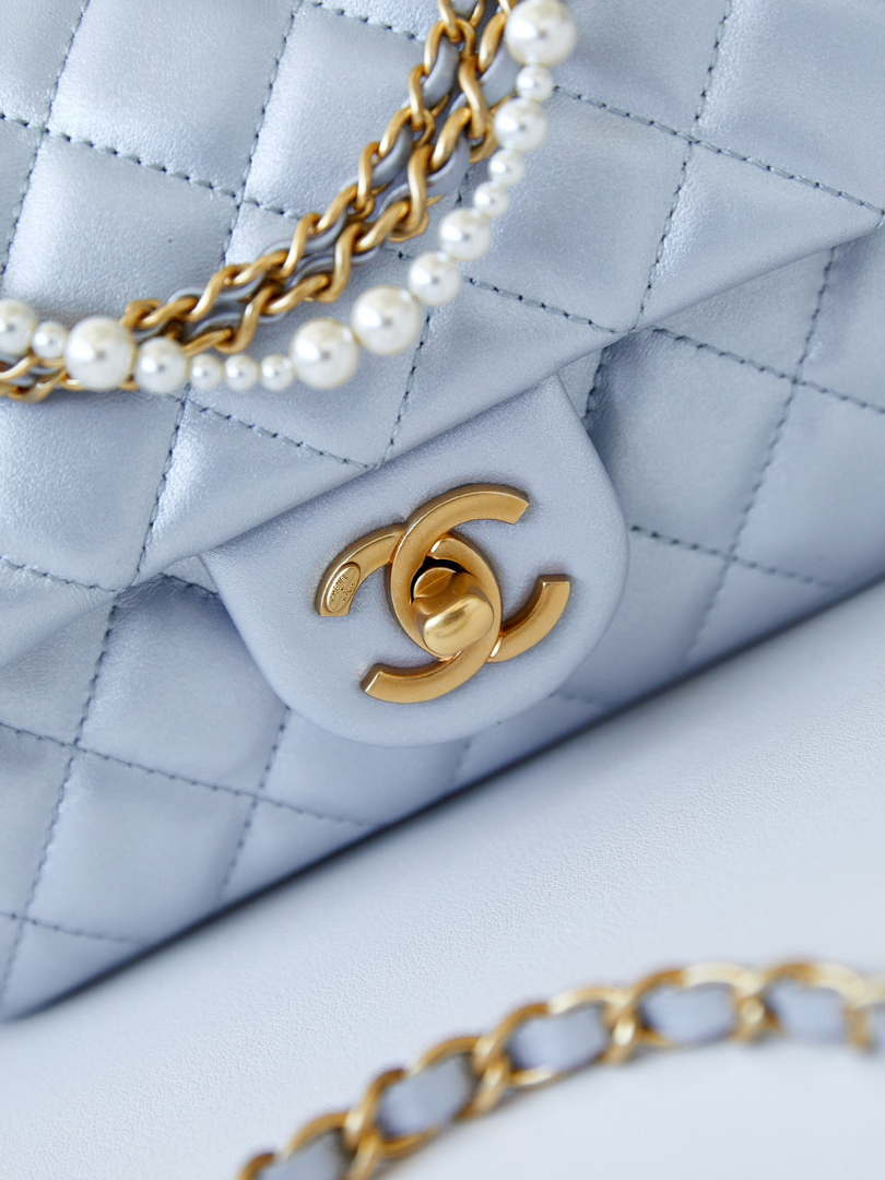 Chanel AS4385 Mini Flap Bag Pearly Lambskin Imitation Pearls & Gold-Tone Metal Blue