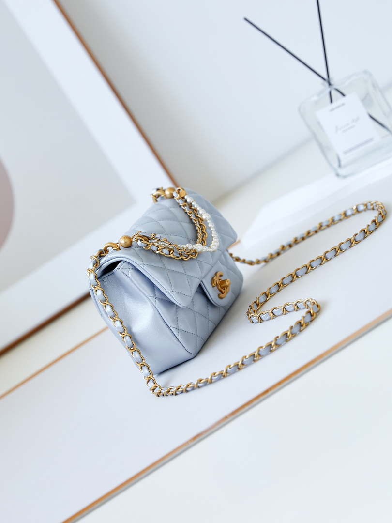 Chanel AS4385 Mini Flap Bag Pearly Lambskin Imitation Pearls & Gold-Tone Metal Blue
