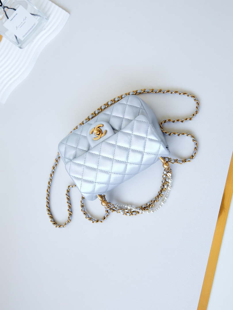 Chanel AS4385 Mini Flap Bag Pearly Lambskin Imitation Pearls & Gold-Tone Metal Blue