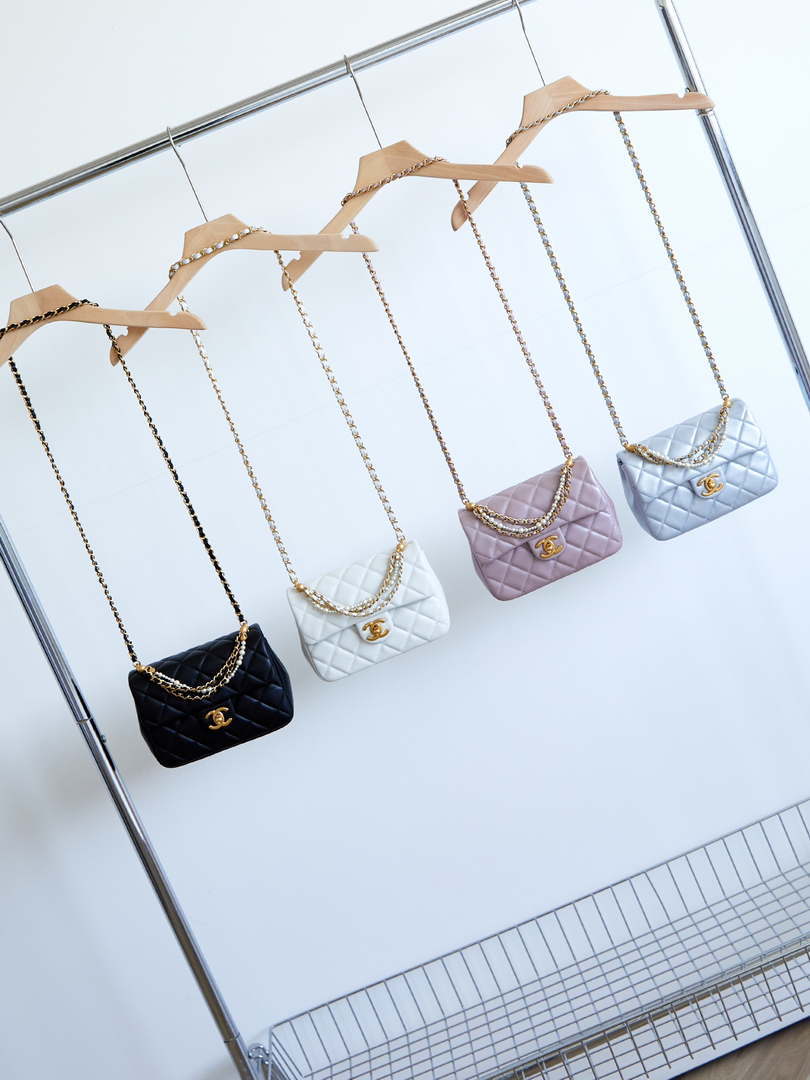 Chanel AS4385 Mini Flap Bag Pearly Lambskin Imitation Pearls & Gold-Tone Metal Black