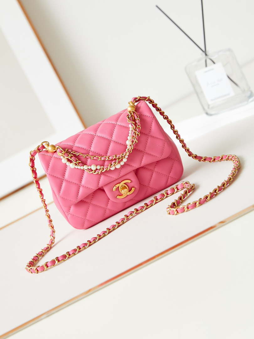 Chanel AS4385 Mini Flap Bag Pearly Lambskin Imitation Pearls & Gold-Tone Metal Hot Pink - Default Title - View 1