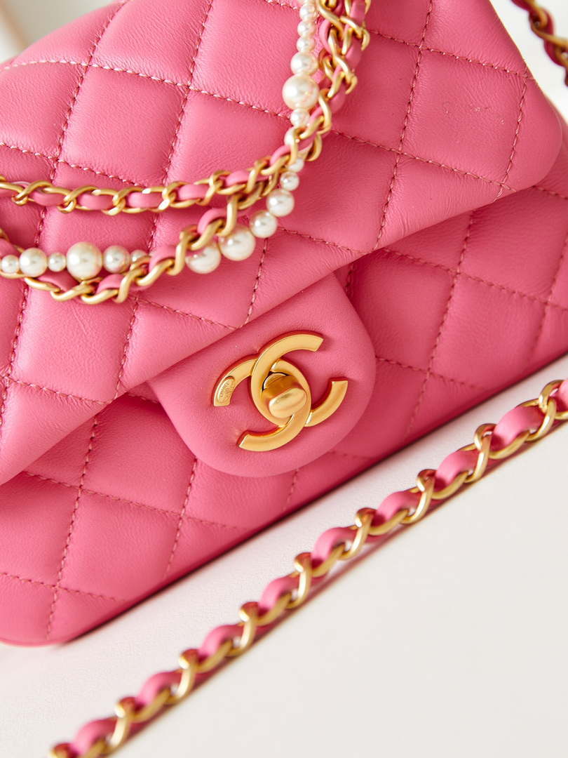 Chanel AS4385 Mini Flap Bag Pearly Lambskin Imitation Pearls & Gold-Tone Metal Hot Pink - Default Title - View 2