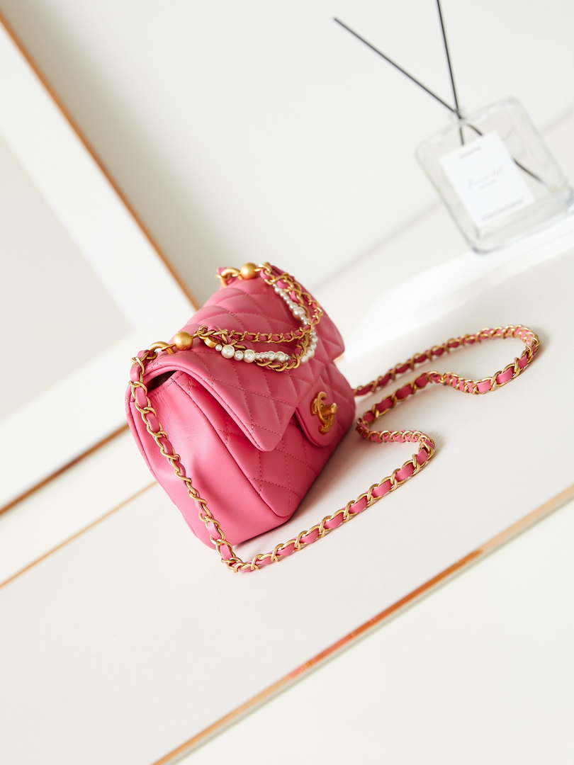 Chanel AS4385 Mini Flap Bag Pearly Lambskin Imitation Pearls & Gold-Tone Metal Hot Pink - Default Title - View 3