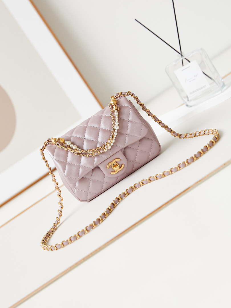 Chanel AS4385 Mini Flap Bag Pearly Lambskin Imitation Pearls & Gold-Tone Metal Pink - Default Title - View 1