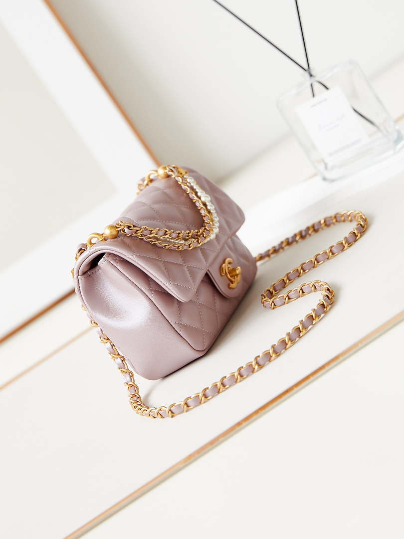 Chanel AS4385 Mini Flap Bag Pearly Lambskin Imitation Pearls & Gold-Tone Metal Pink - Default Title - View 3