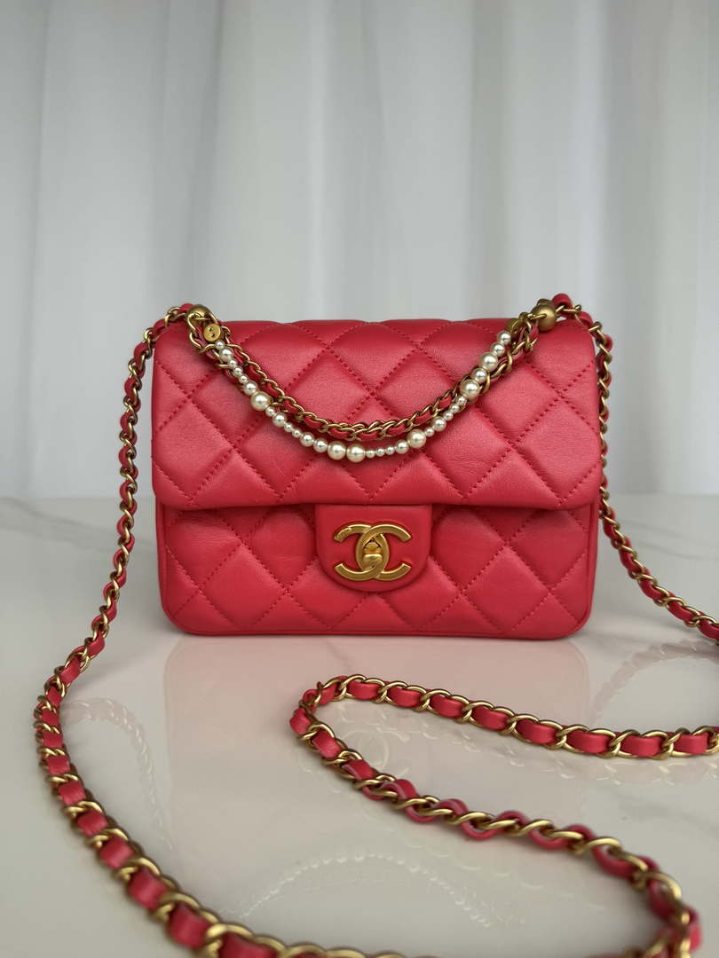 Chanel AS4385 Mini Flap Bag Pearly Lambskin Imitation Pearls & Gold-Tone Metal Red - Default Title - View 1