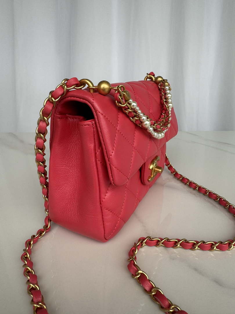 Chanel AS4385 Mini Flap Bag Pearly Lambskin Imitation Pearls & Gold-Tone Metal Red - Default Title - View 2