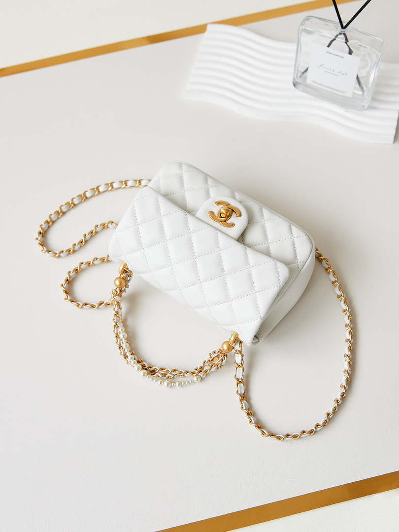 Chanel AS4385 Mini Flap Bag Pearly Lambskin Imitation Pearls & Gold-Tone Metal White - Default Title - View 6