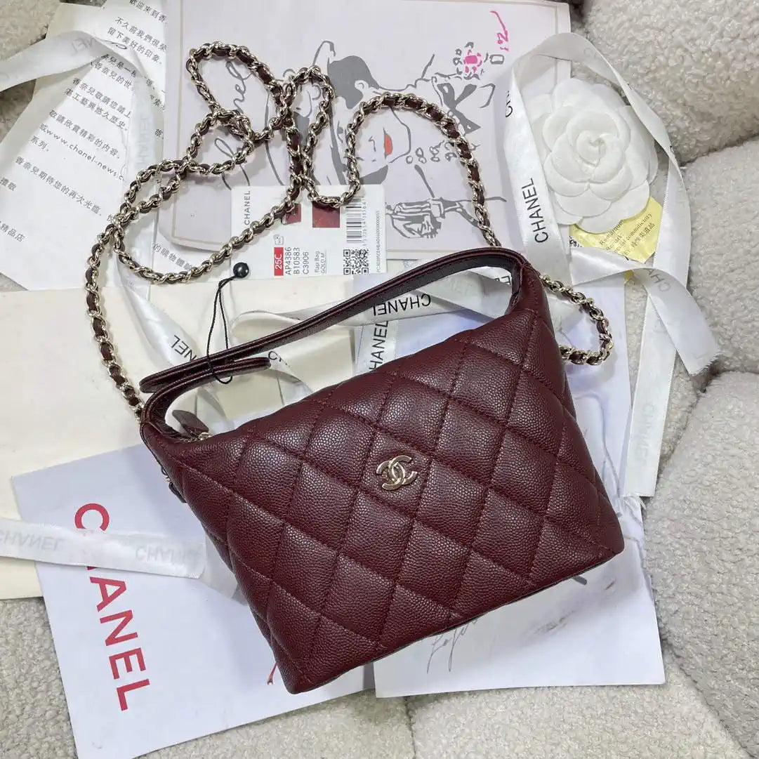 Chanel AS4386 Clutch with chain Grained Shiny Calfskin Wine Red