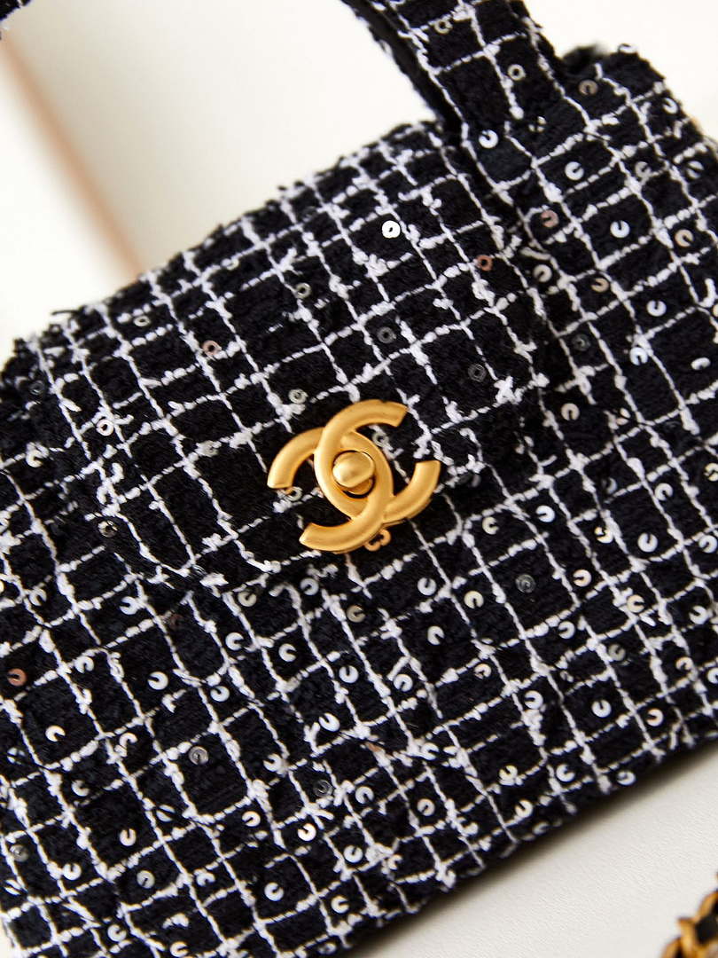 Chanel AS4416 Mini Shopping Bag Cotton tweed & Gold Metal White and Black